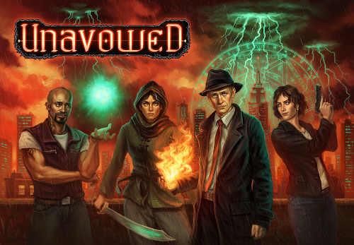 The four main characters of Unavowed: a male medium, a female swordswoman, a male mage, and a female police detective.